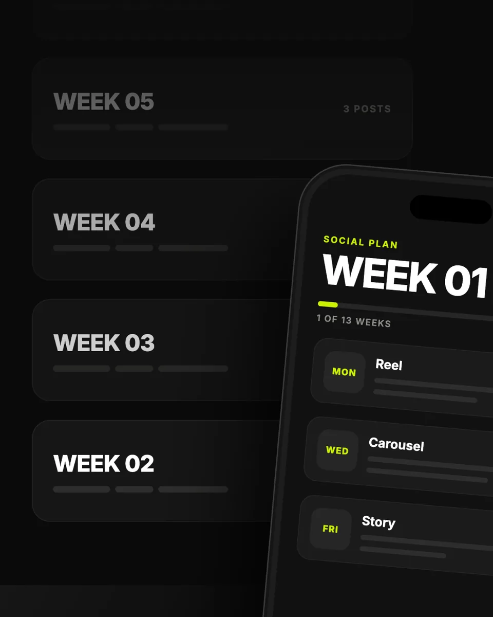 The Day One 13-week social plan on a phone, week by week